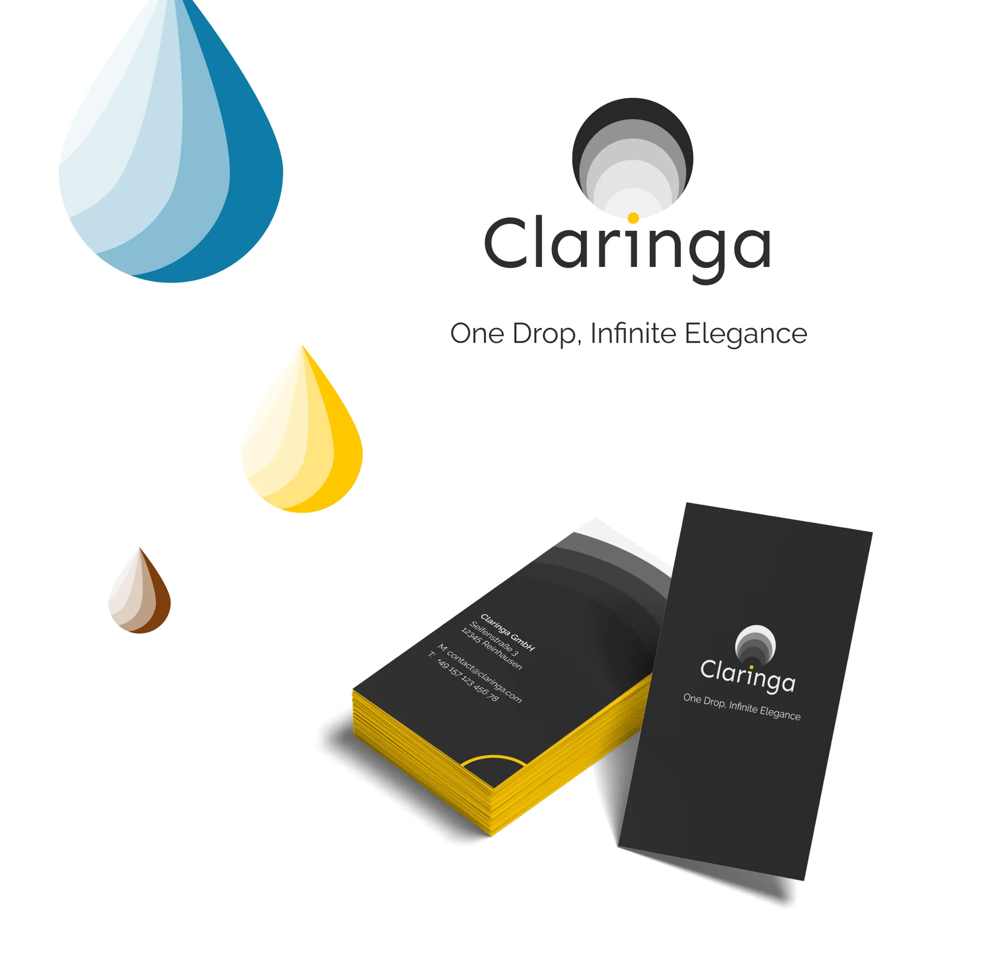 Claringa: Logo, Tropfen-Bildmarken und Visitenkarten