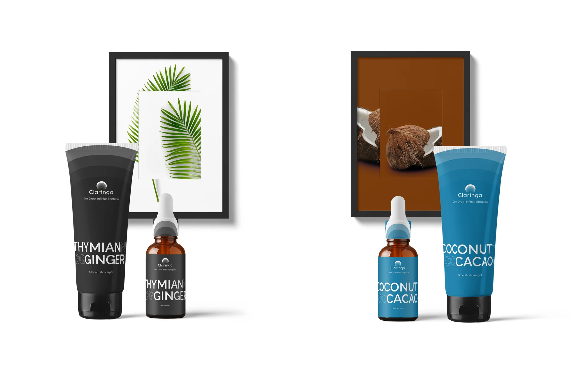 Claringa: Tuben und Fläschchen der Sorten Thymian-Ginger und Coconut-Cacao