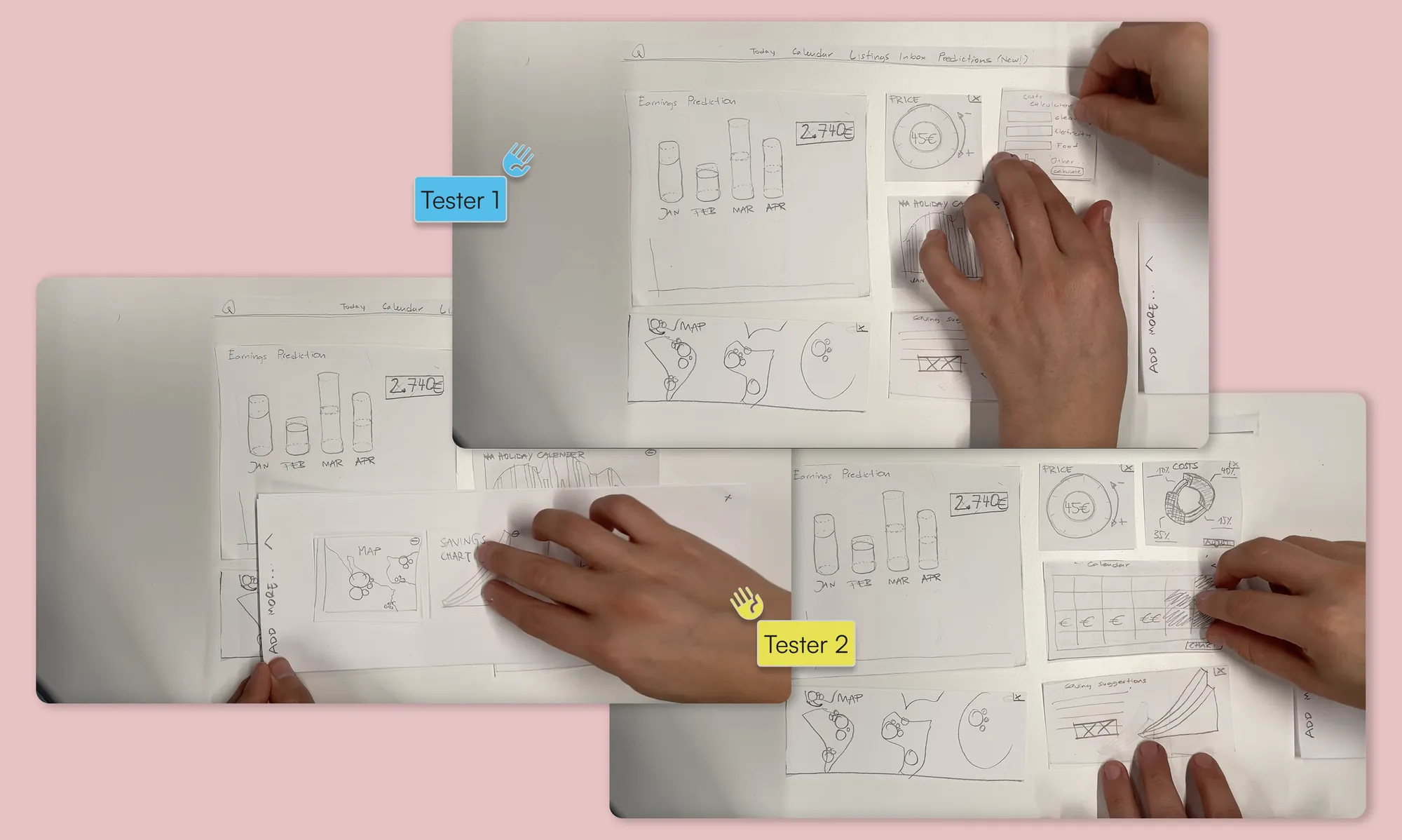 Test mit dem Papierprototyp: zwei Testpersonen interagieren mit den Papier-Screens