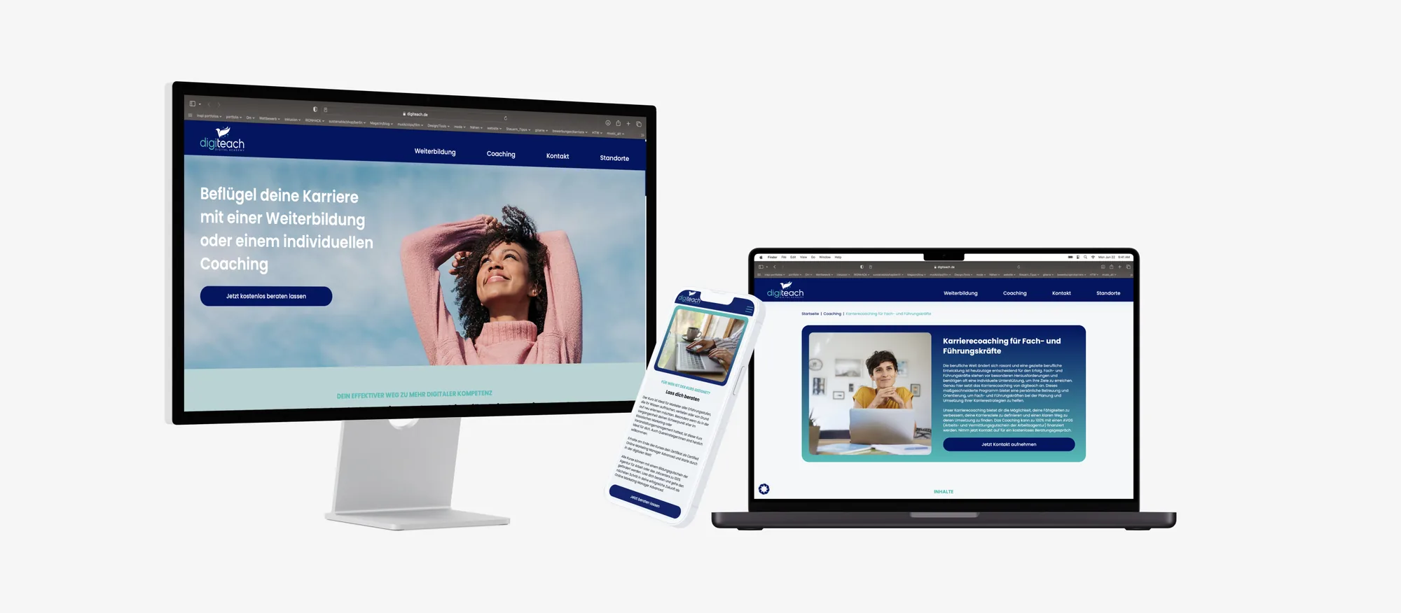Digiteach-Website auf Monitor, Laptop und Smartphone