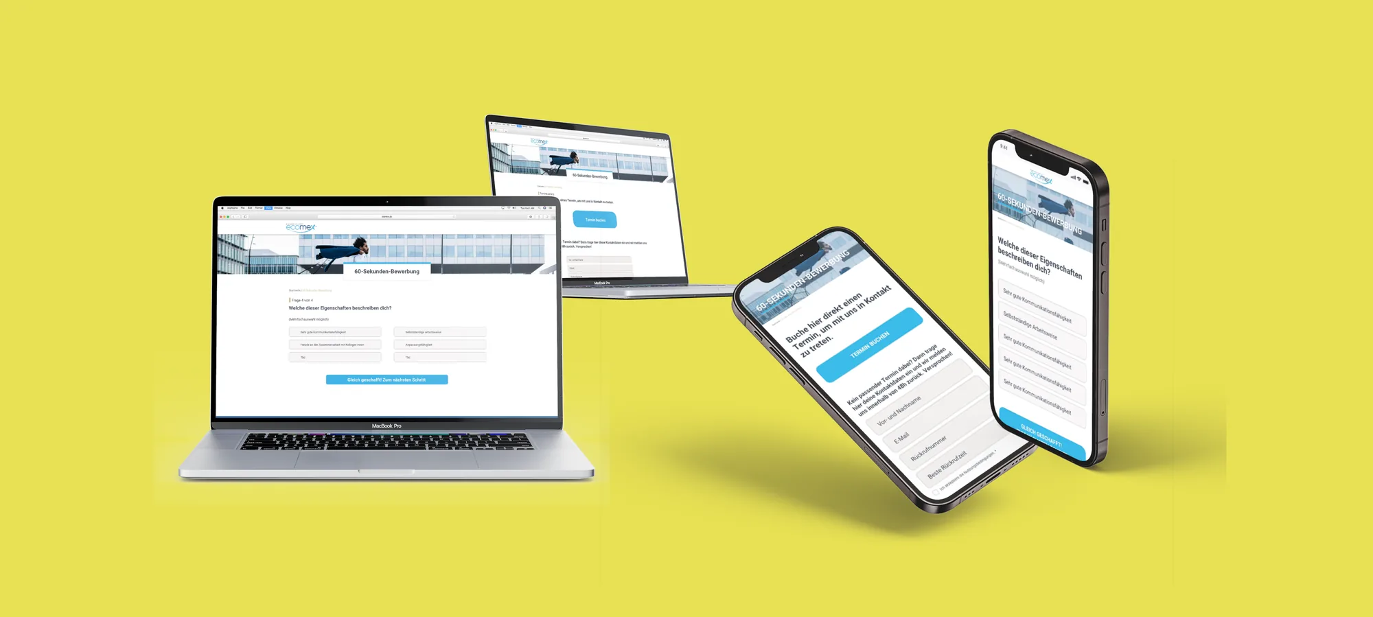 Bewerbungs-Flow der ecomex-Website auf Laptop und Smartphones