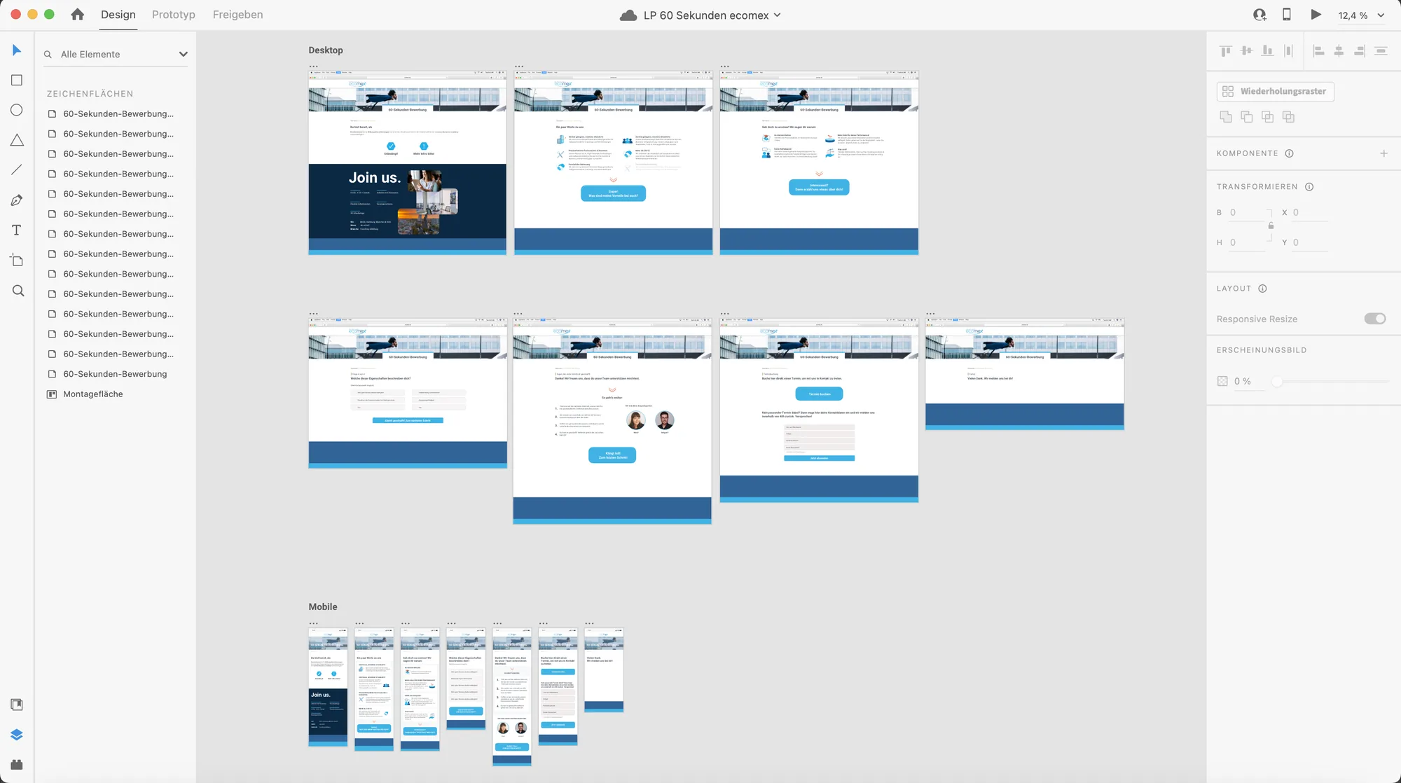 Screens des responsiven Bewerbungs-Flows in Adobe XD