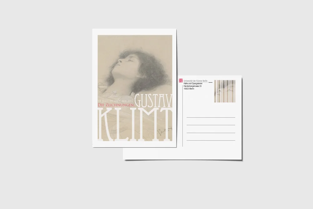 Postkarte zur Klimt-Ausstellung, Vorder- und Rückseite