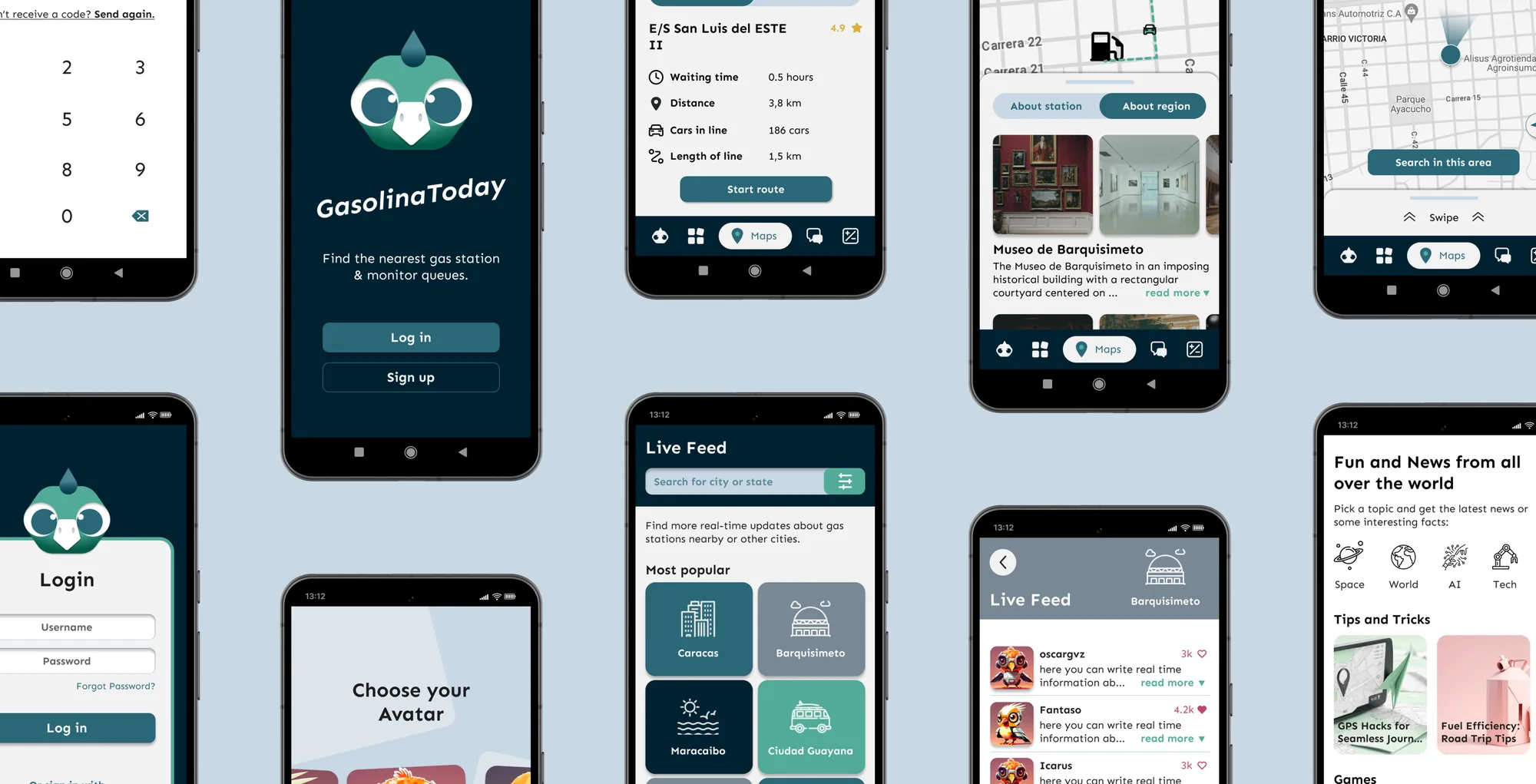Screens der GasolinaToday-App auf mehreren Smartphones