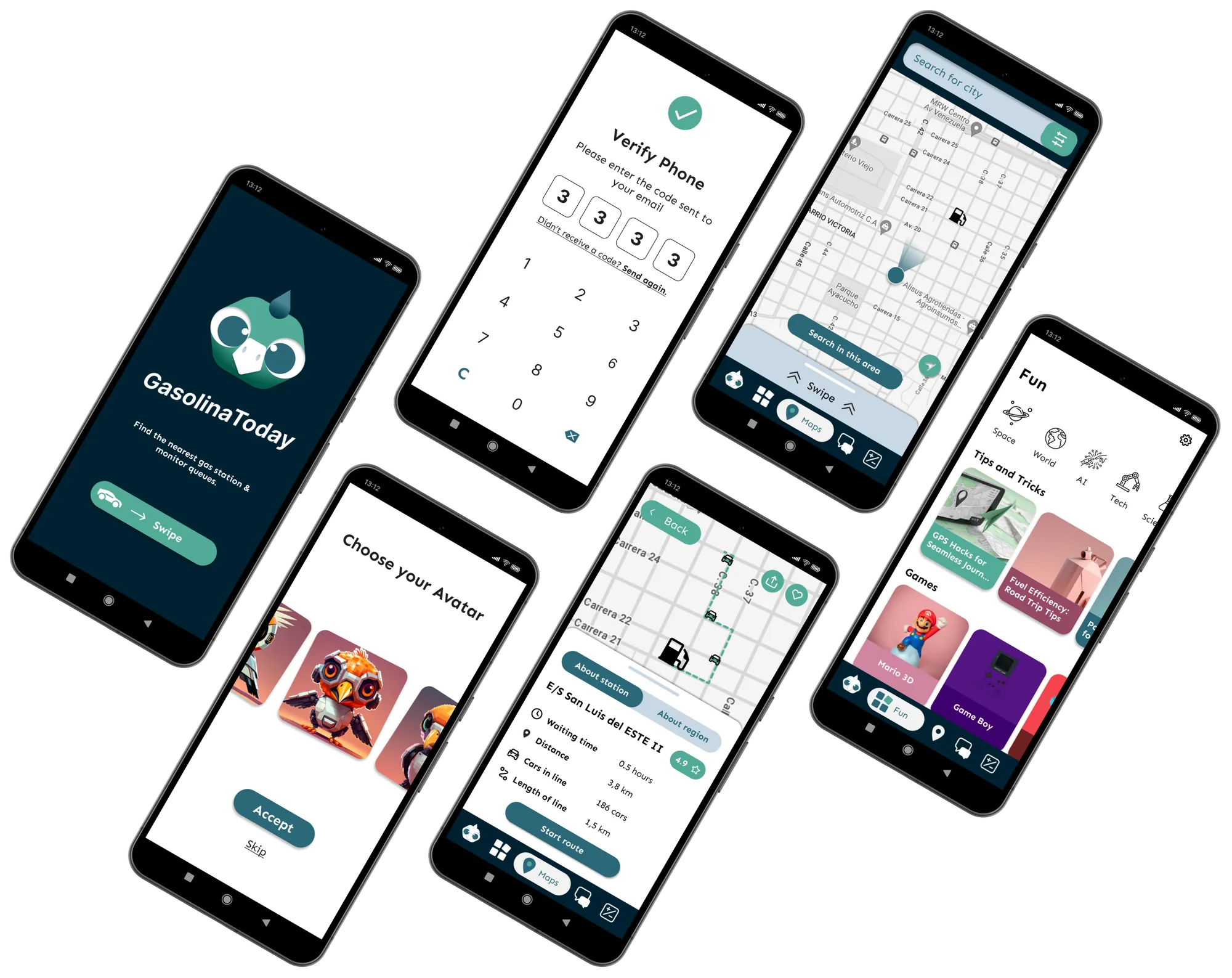 High-Fidelity-Screens der GasolinaToday-App: Onboarding, Avatar-Auswahl, Karte, Tankstellen-Details und Unterhaltungsbereich