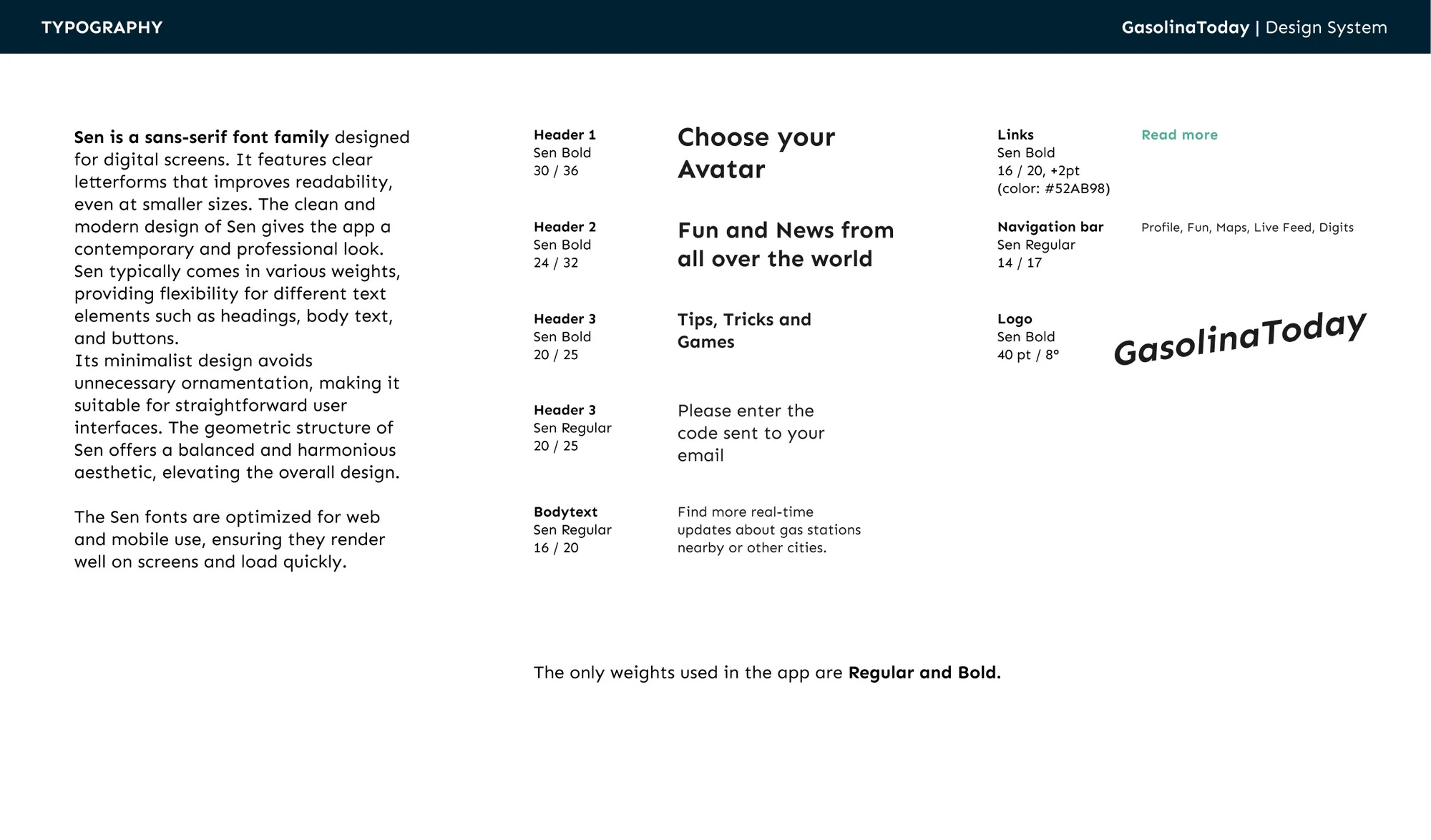 GasolinaToday Designsystem: Typografie mit der Schrift Sen