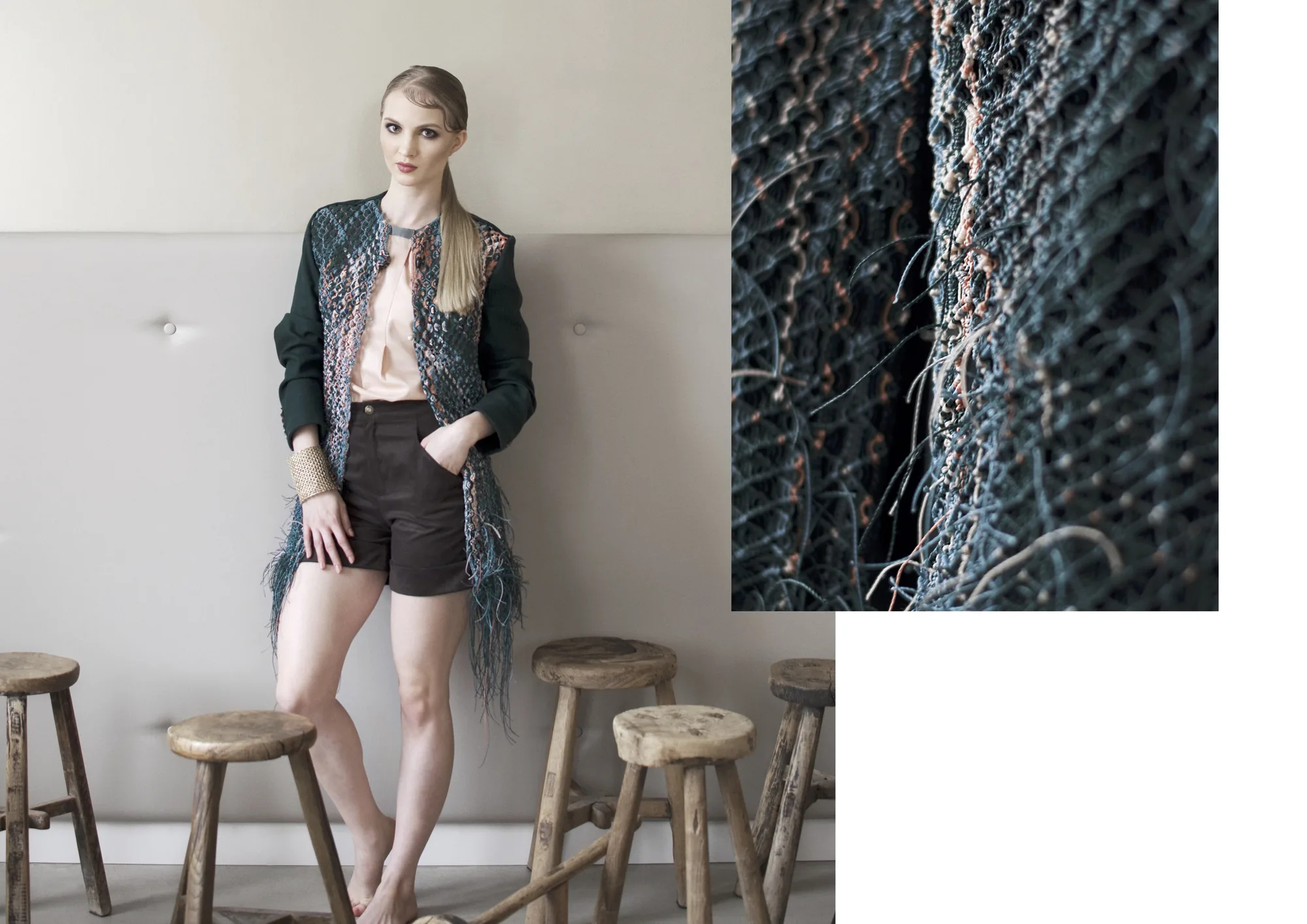 HUB: Tragbarer Look mit geknüpfter Jacke und Shorts, daneben eine Nahaufnahme des Gewebes