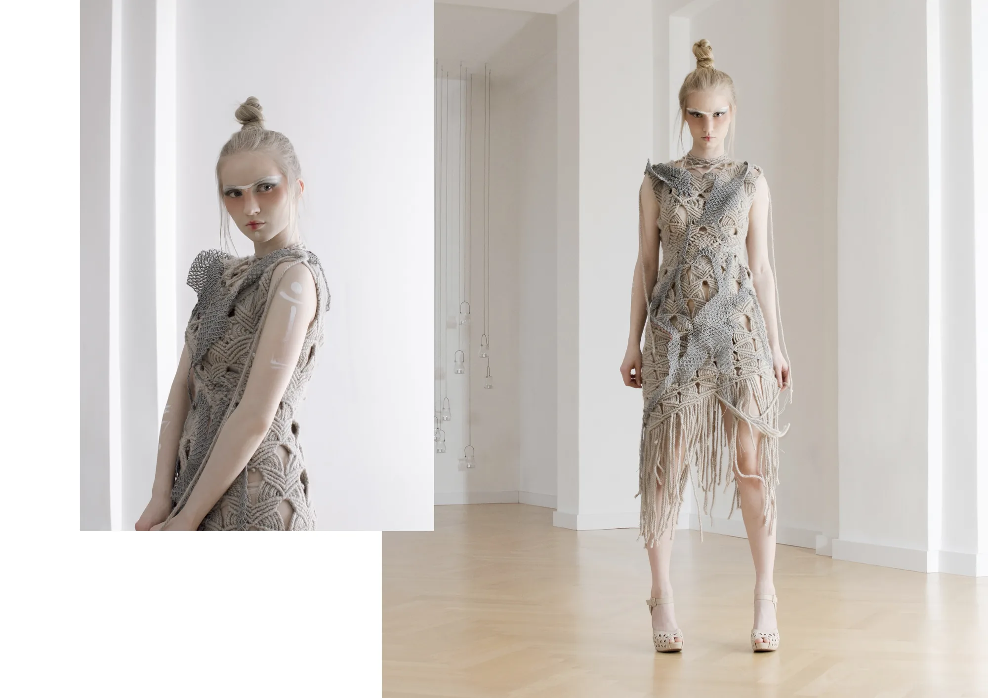 HUB: Experimenteller Look – graues, handgeknüpftes Makramee-Kleid, Porträt und ganze Figur
