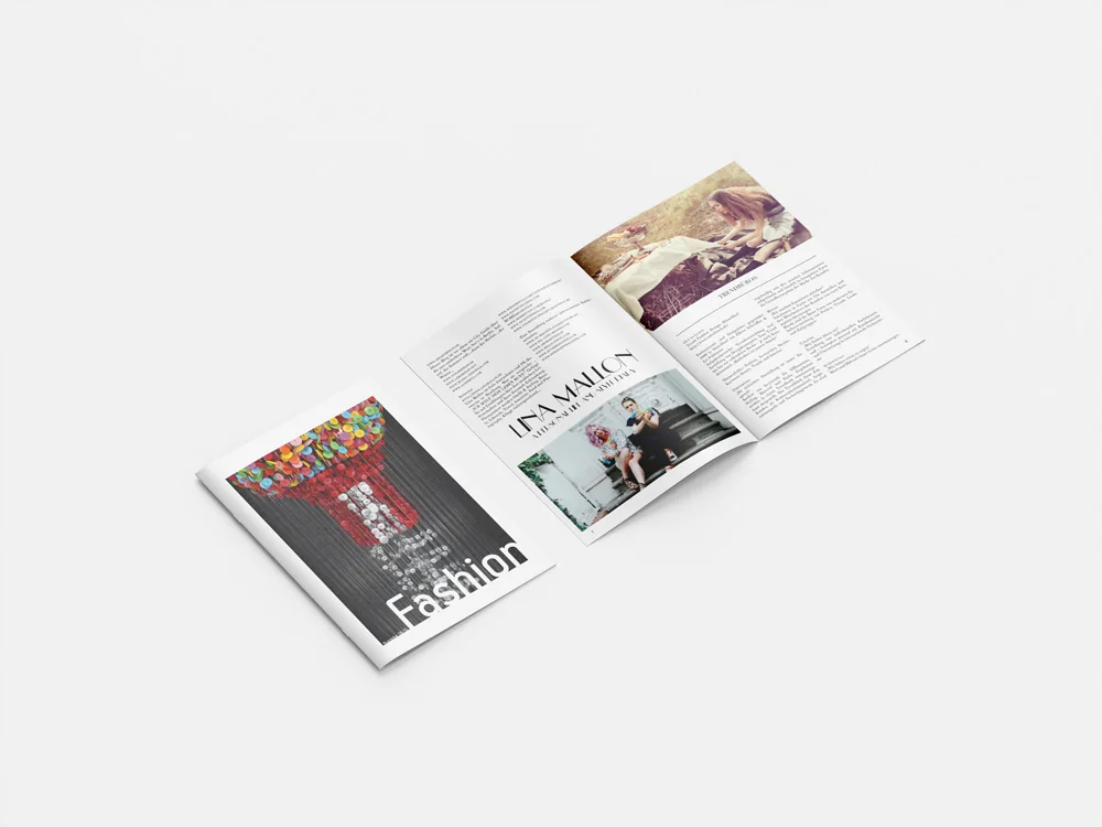 Modemagazin: Cover „Fashion“ und aufgeschlagene Doppelseite mit Porträt
