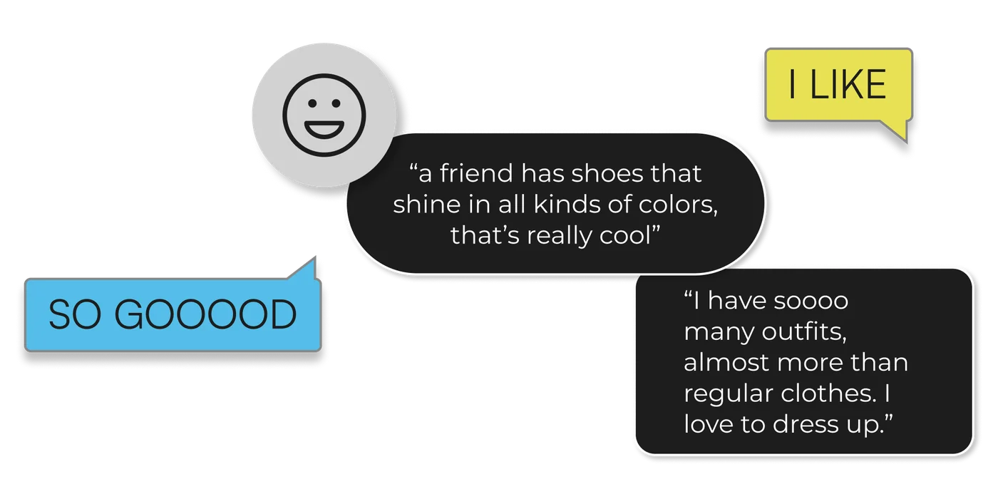 Positive Zitate aus den User Interviews: „a friend has shoes that shine in all kinds of colors, that’s really cool“ und „I have soooo many outfits, almost more than regular clothes. I love to dress up.“