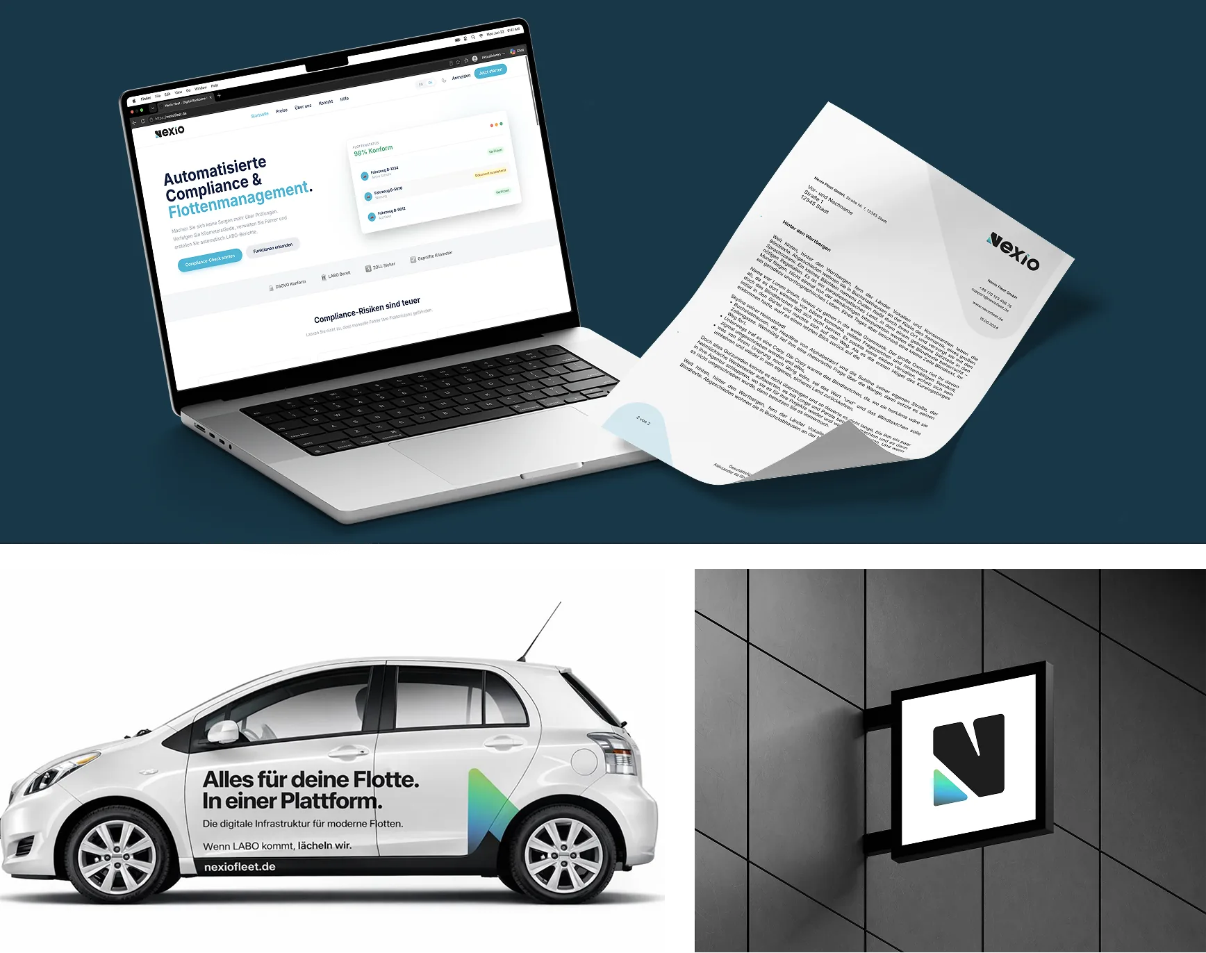 Nexio-Markenanwendungen: Website auf einem Laptop, Briefpapier, Fahrzeugbeschriftung und Firmenschild