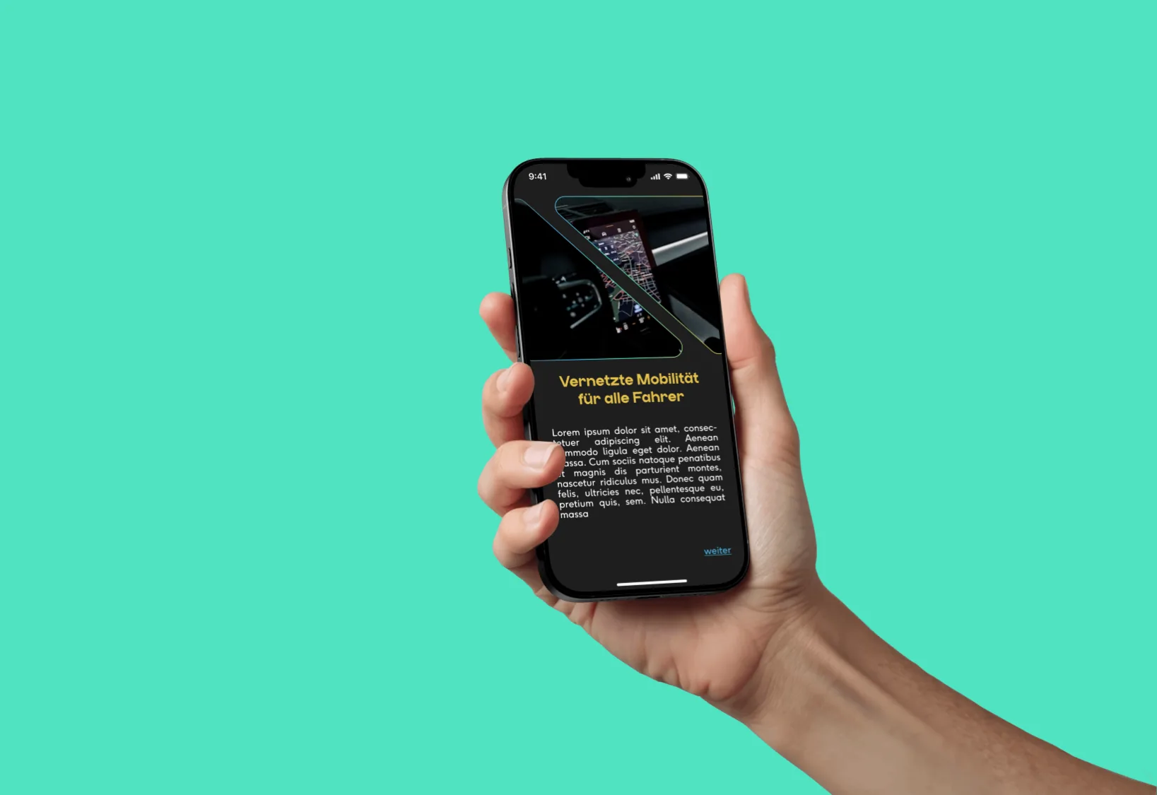 Hand hält ein Smartphone mit einem Screen der Nexio-App