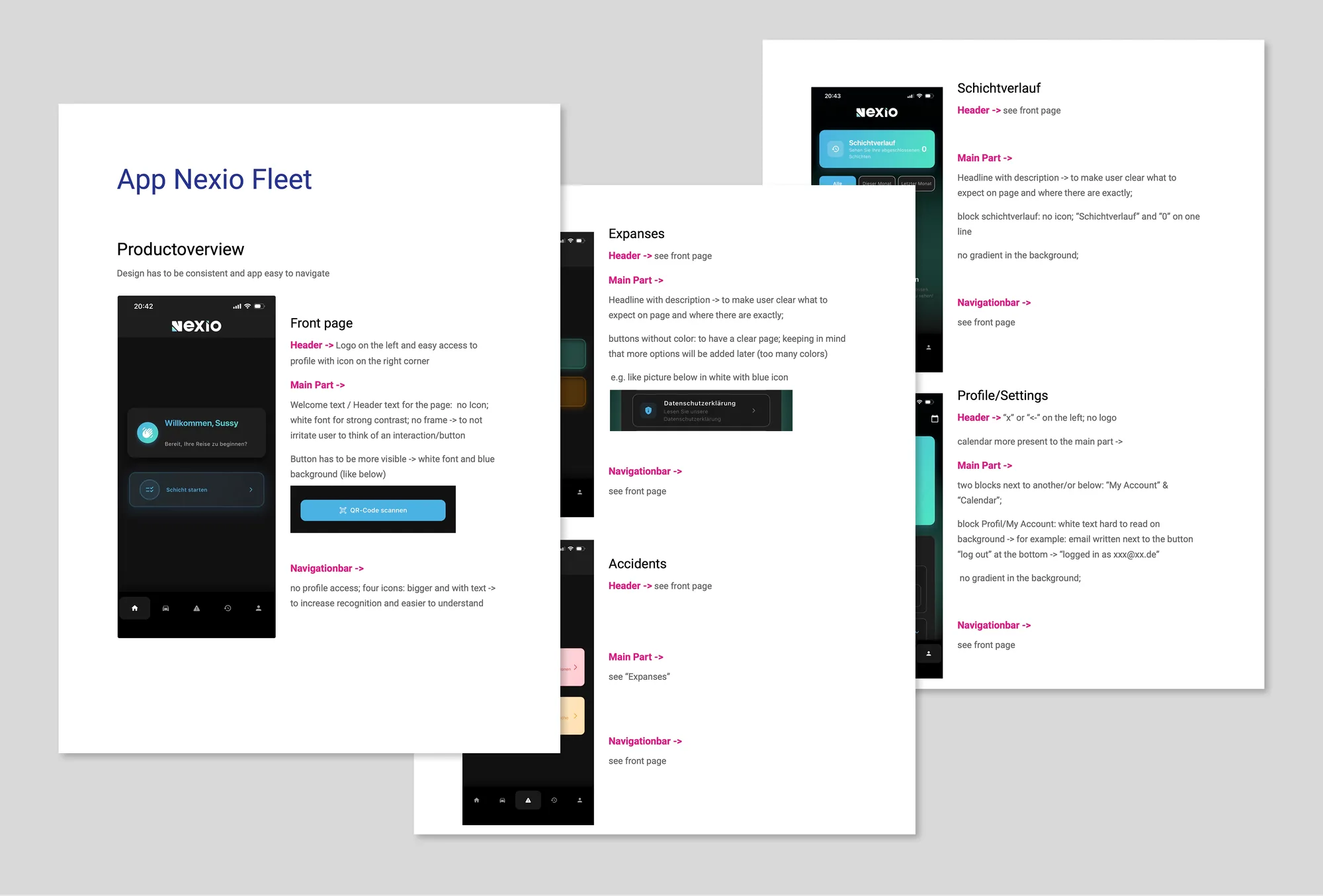 Seiten aus dem UX/UI-Feedbackdokument zur Nexio-App mit Screenshots und Empfehlungen