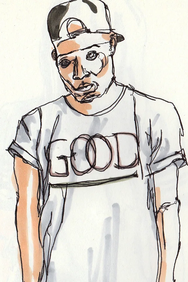 Blindzeichnung eines Mannes mit Cap und „GOOD“-T-Shirt