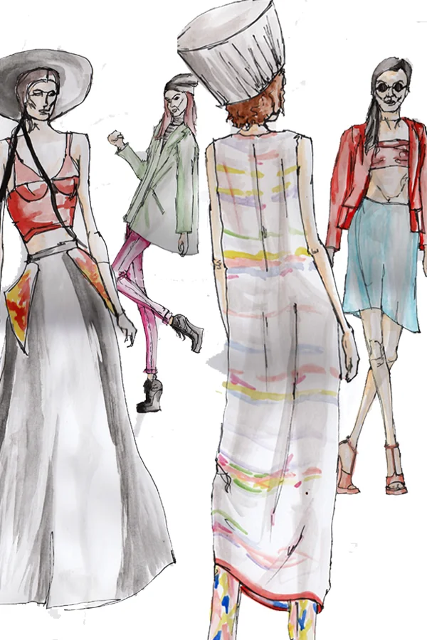 Farbige Modezeichnungen von vier Looks